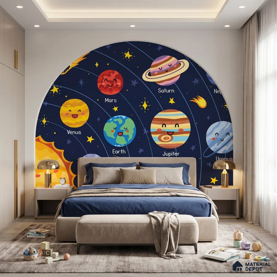 Modern kids room with space-themed mural wallpaper and upholstered bed