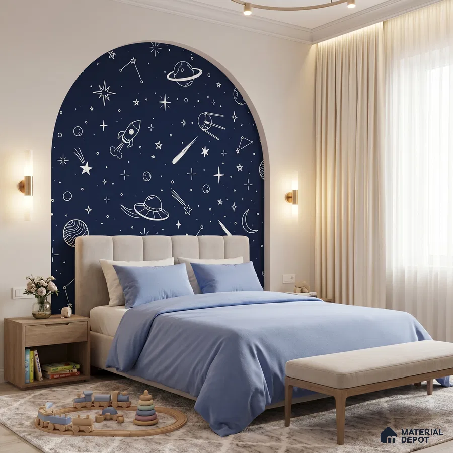 Modern kids room with navy blue space-themed wallpaper and light wood furniture
