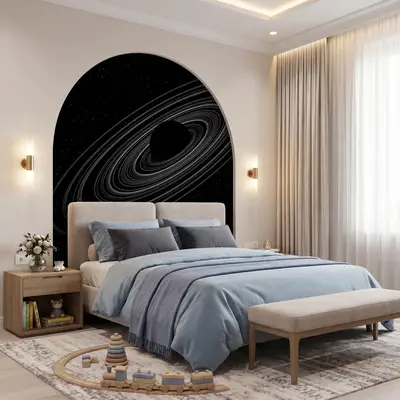 Modern bedroom with space-themed wallpaper, beige suede upholstered bed, and light wood furniture