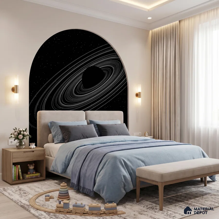 Modern bedroom with space-themed wallpaper, beige suede upholstered bed, and light wood furniture