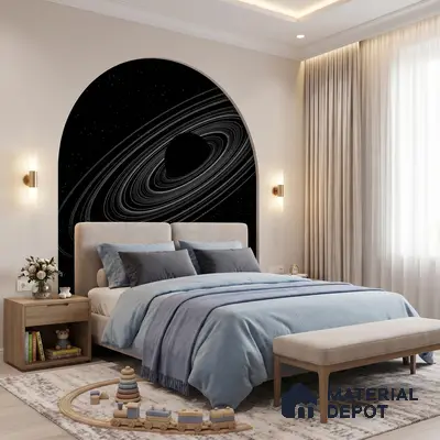 Modern bedroom with space-themed wallpaper, beige suede upholstered bed, and light wood furniture