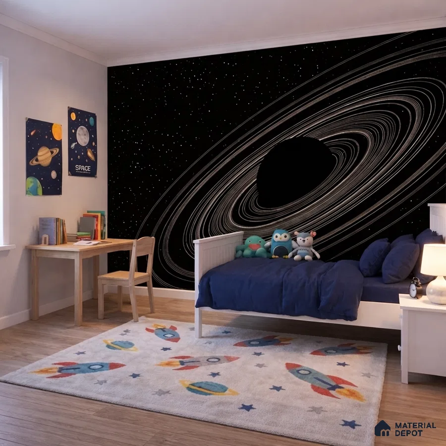 Modern kids room with space-themed wallpaper, light wood flooring, and playful rocket motif rug
