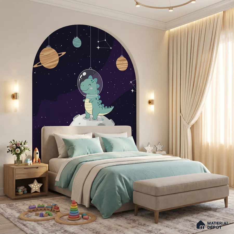 Modern kids room with space-themed wallpaper, pastel bedding, and light wood furniture