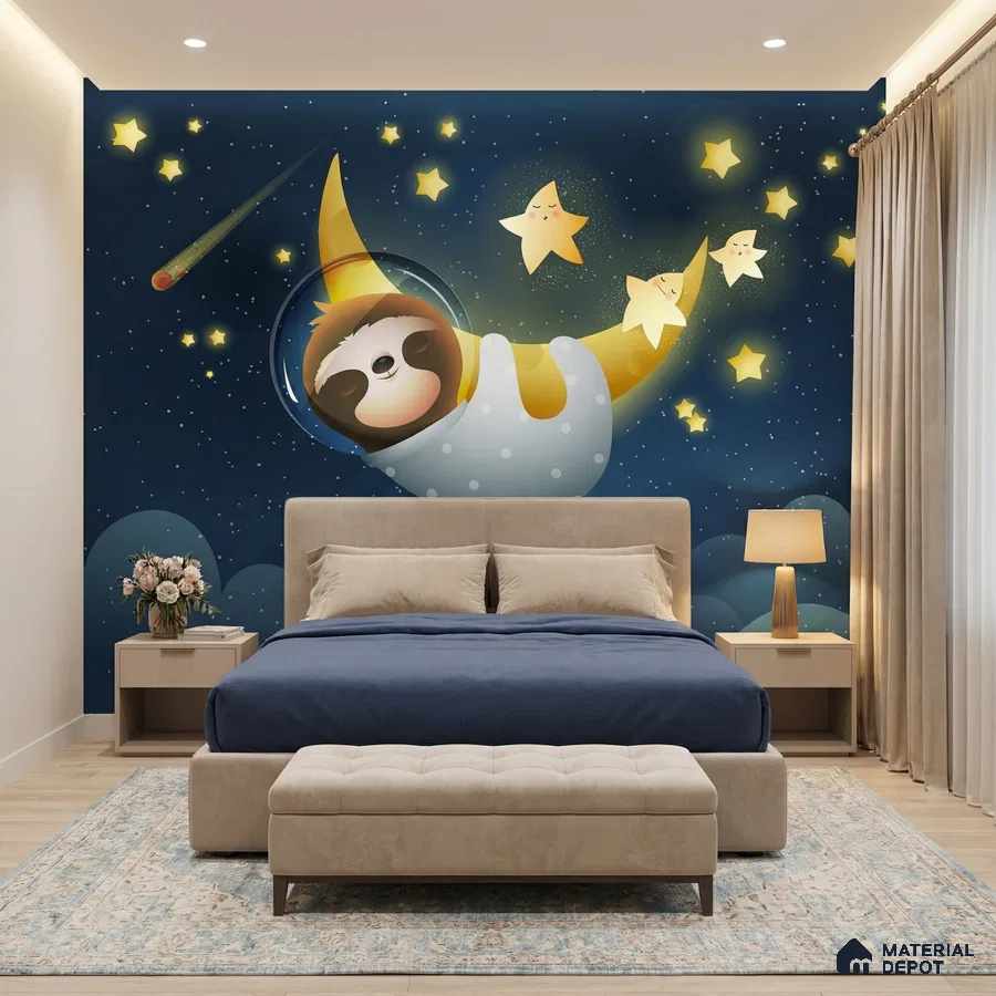Modern kids bedroom with whimsical night sky wallpaper and beige upholstered bed