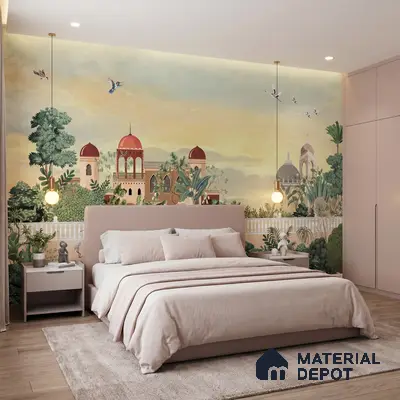 Art Deco bedroom with Indian mural wallpaper, blush pink wardrobe, and upholstered bed