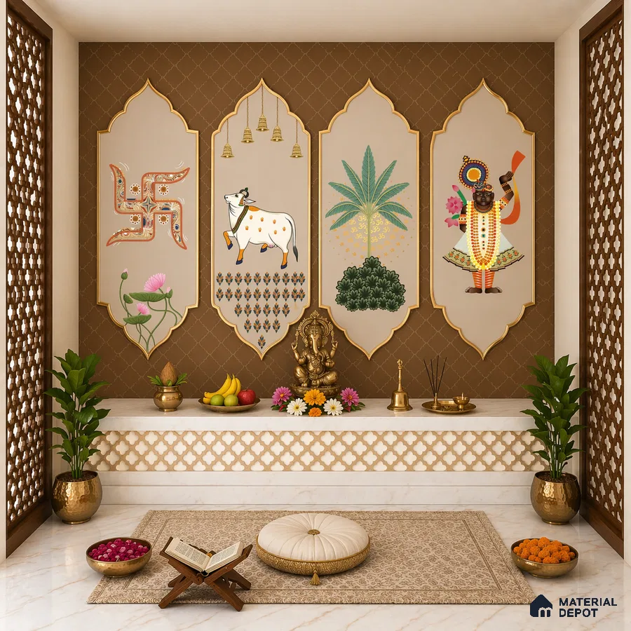 Traditional pooja room with brown patterned wallpaper, gold decorative profiles, and white marble flooring