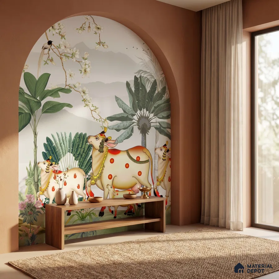 Traditional pooja room with pichwai wallpaper, terracotta walls, and natural jute rug
