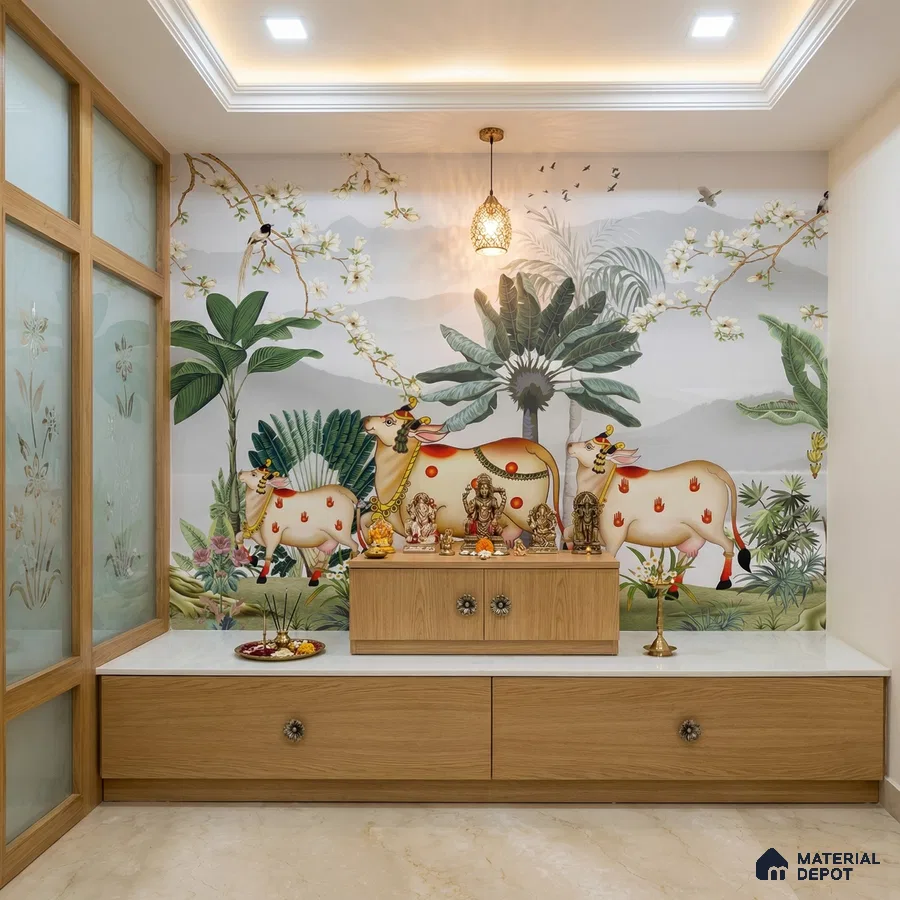 Modern pooja room with nature-themed wallpaper, light oak laminate, and white marble countertop