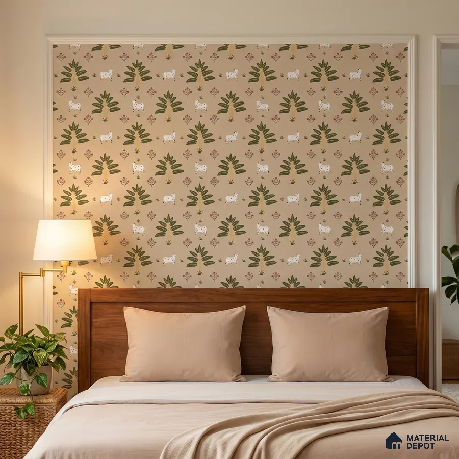 Scandinavian bedroom with animal print patterned wallpaper and walnut wood bed