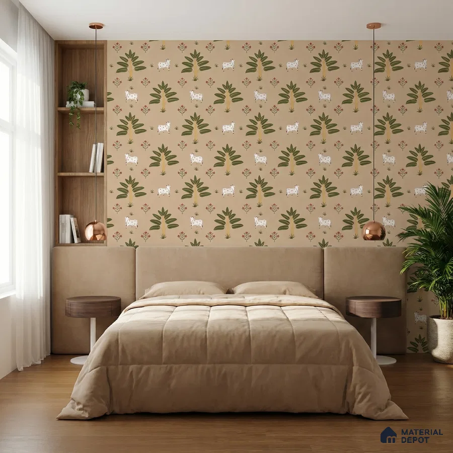 Scandinavian bedroom with beige animal print wallpaper, suede upholstered bed, and wooden flooring