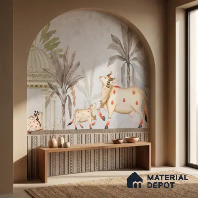 Traditional pooja room with Indian mural wallpaper, wooden bench, and patterned wall panel
