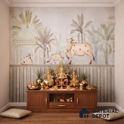 Traditional pooja room with pichwai wallpaper, teak wood laminate unit, and warm wooden flooring