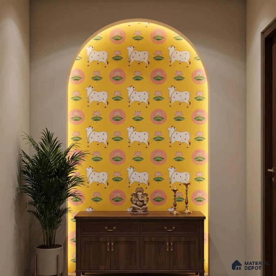Traditional pooja room with yellow Indian patterned wallpaper and dark wood console