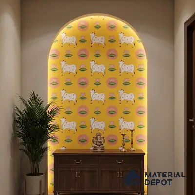 Traditional pooja room with yellow Indian patterned wallpaper and dark wood console