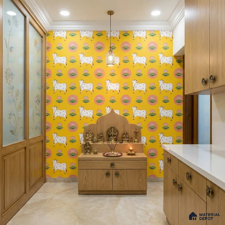 Eclectic pooja room with yellow Indian wallpaper, natural wood laminate, and marble floor tile