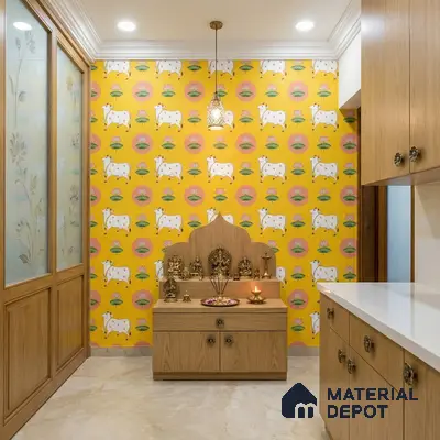 Eclectic pooja room with yellow Indian wallpaper, natural wood laminate, and marble floor tile