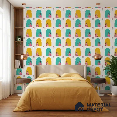 Eclectic bedroom with Indian patterned wallpaper, mustard bedding, and wooden flooring