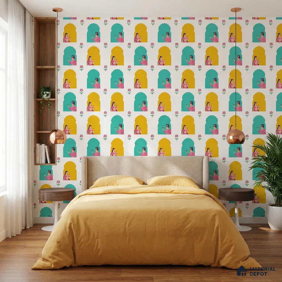Eclectic bedroom with Indian patterned wallpaper, mustard bedding, and wooden flooring