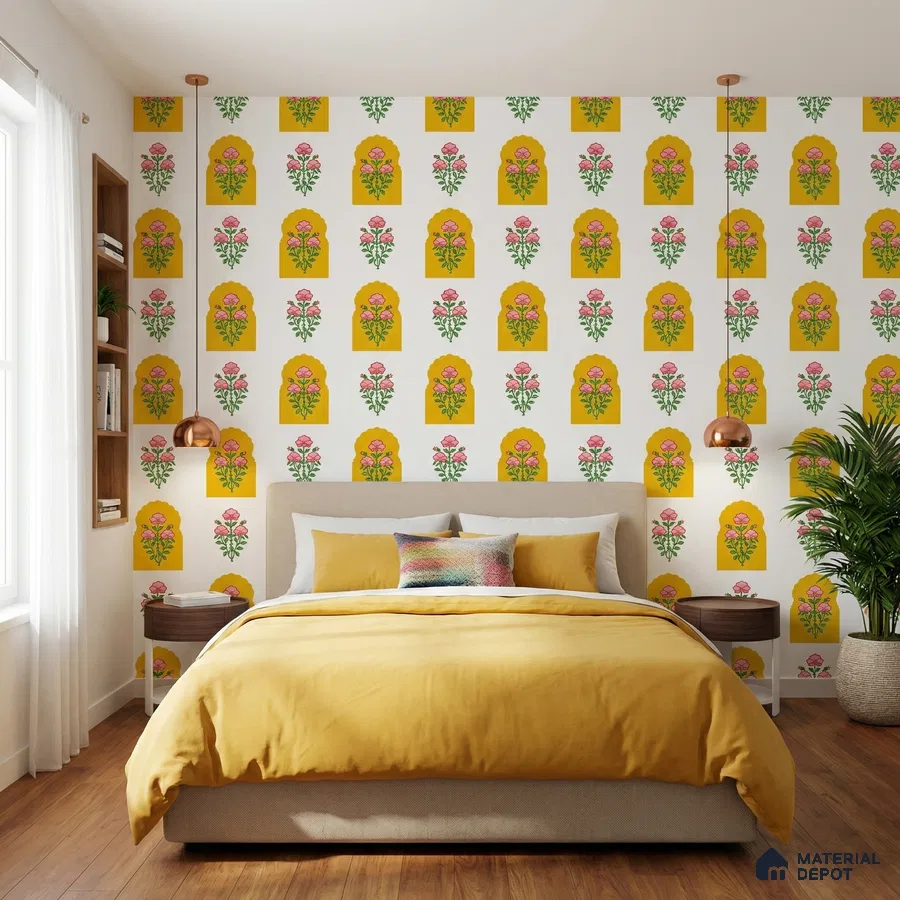 Eclectic bedroom with Indian floral patterned wallpaper and warm wood flooring
