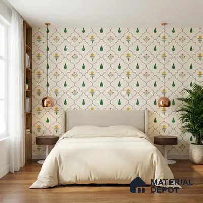 Scandinavian bedroom with floral patterned wallpaper and light wood flooring
