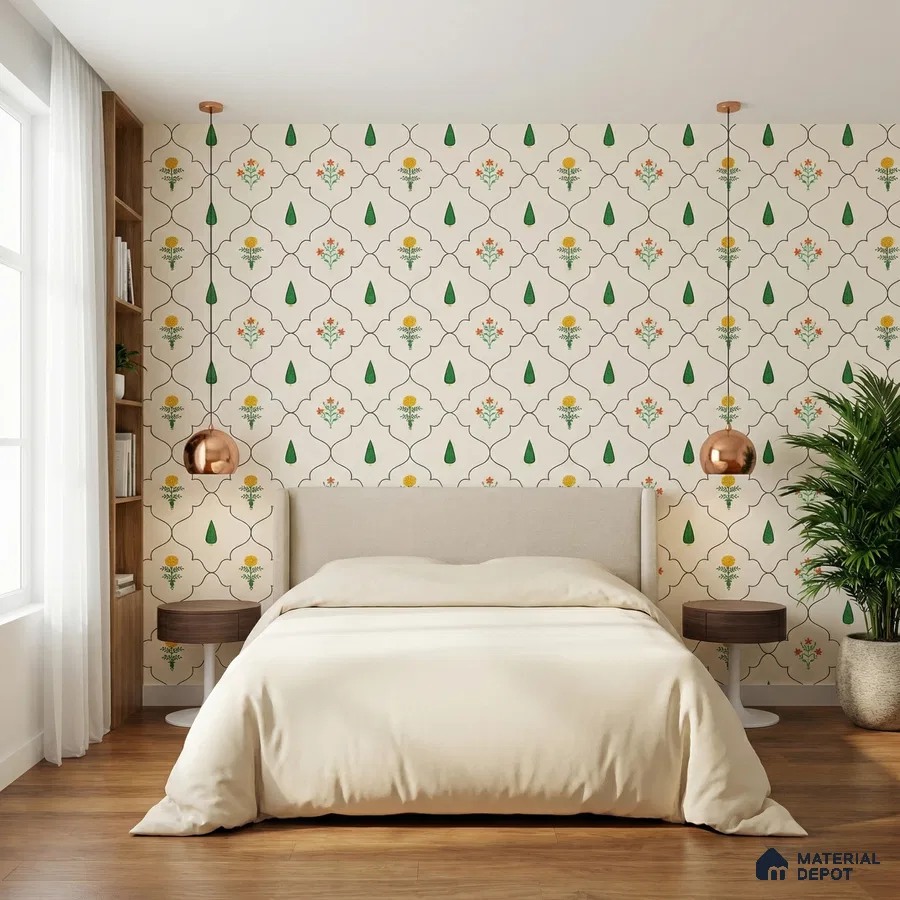 Scandinavian bedroom with floral patterned wallpaper and light wood flooring