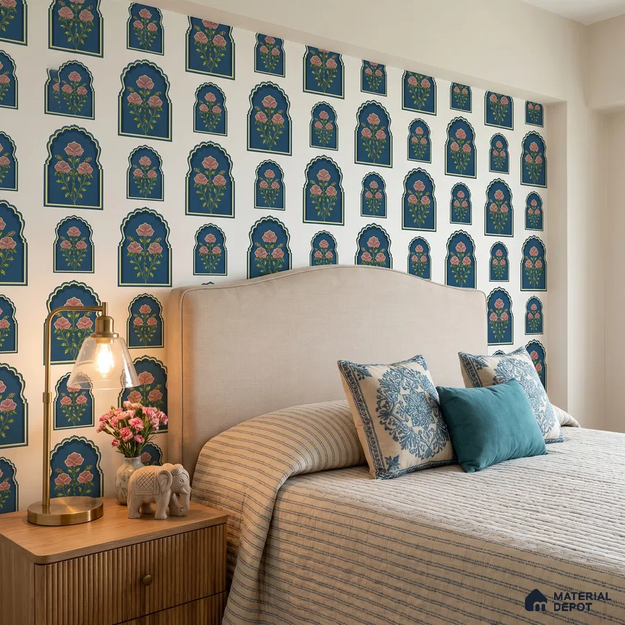 Eclectic bedroom with Indian floral patterned wallpaper and beige upholstered bed