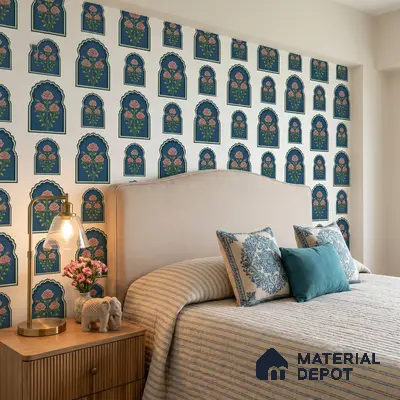 Eclectic bedroom with Indian floral patterned wallpaper and beige upholstered bed