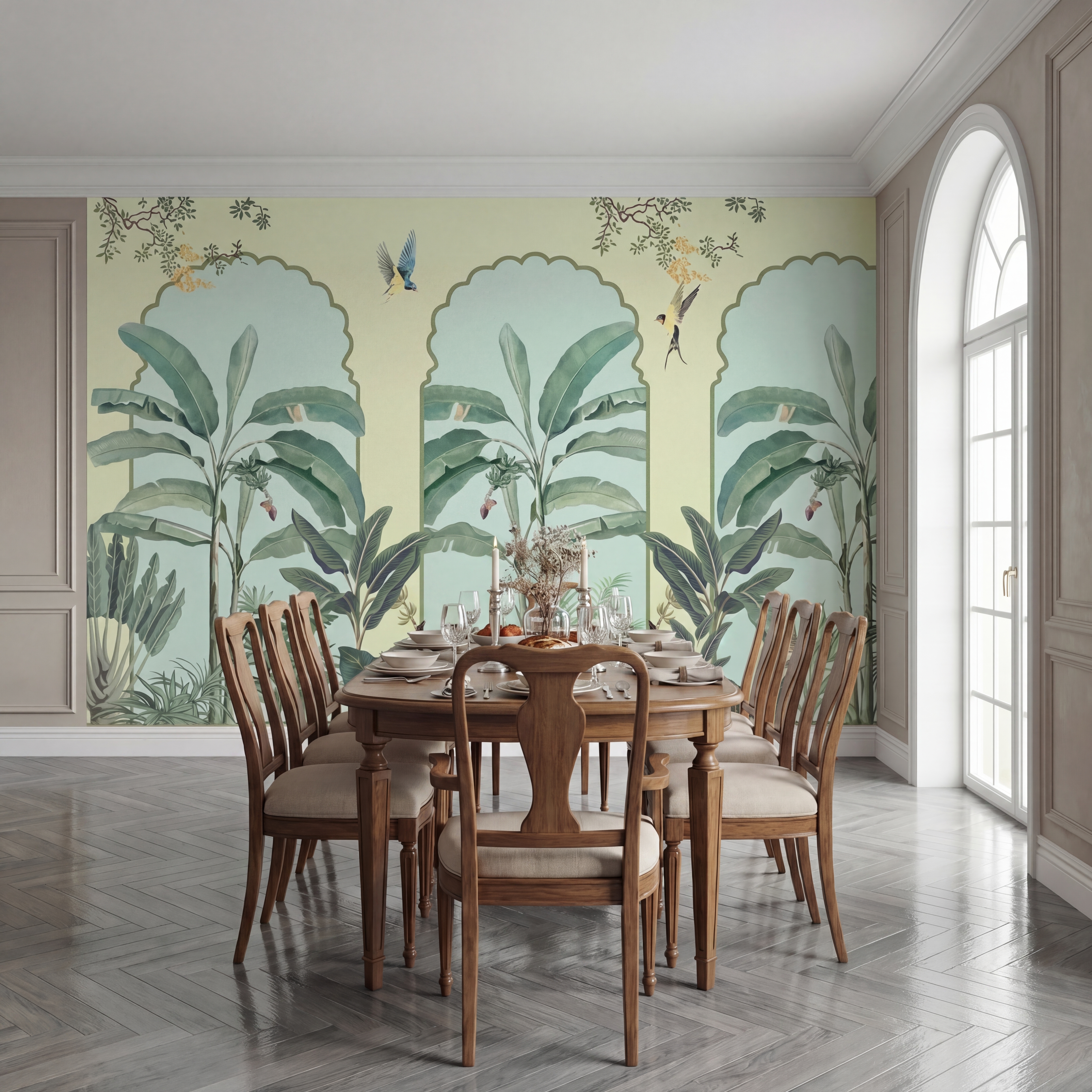 Eclectic dining room with tropical wallpaper, classic wood dining set, and herringbone grey wooden flooring