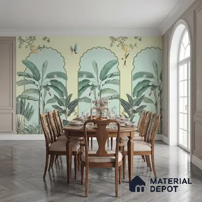 Eclectic dining room with tropical wallpaper, classic wood dining set, and herringbone grey wooden flooring