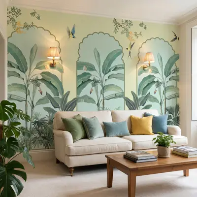 Eclectic living room with tropical wallpaper, beige sofa, and wooden coffee table