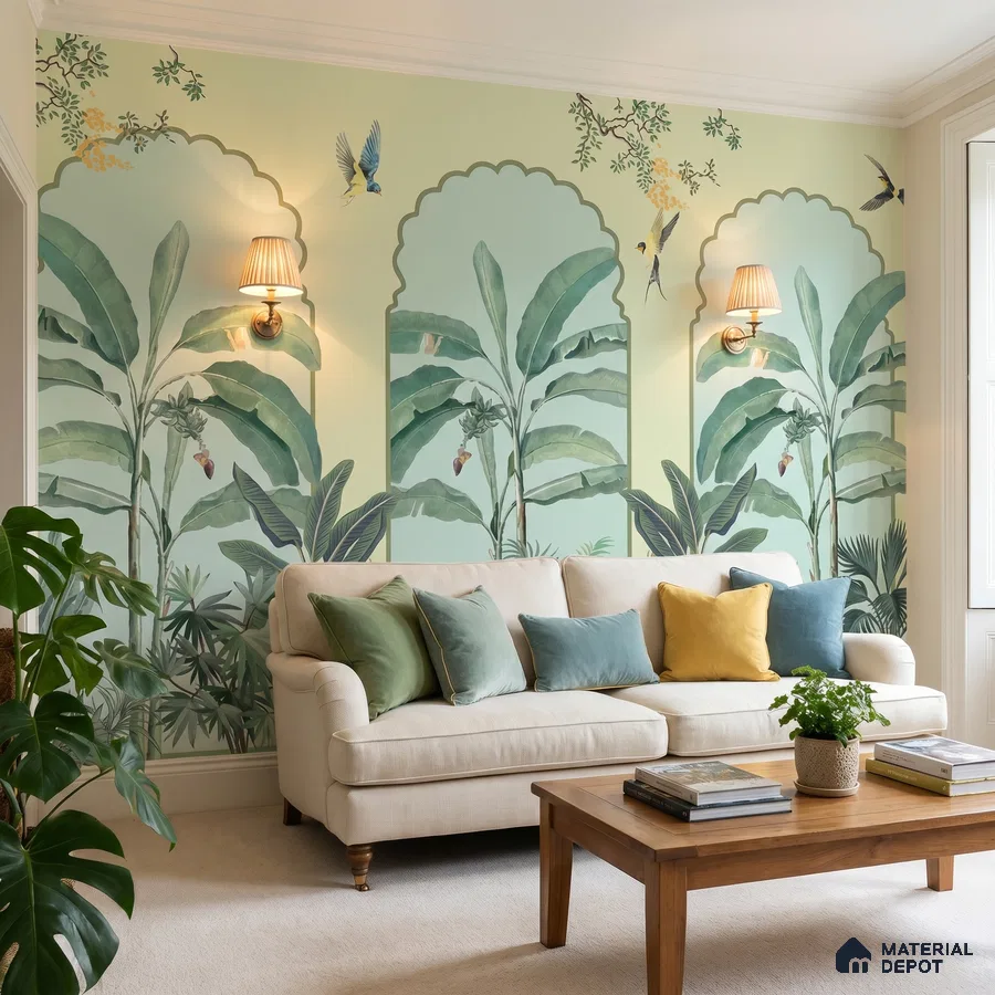 Eclectic living room with tropical wallpaper, beige sofa, and wooden coffee table