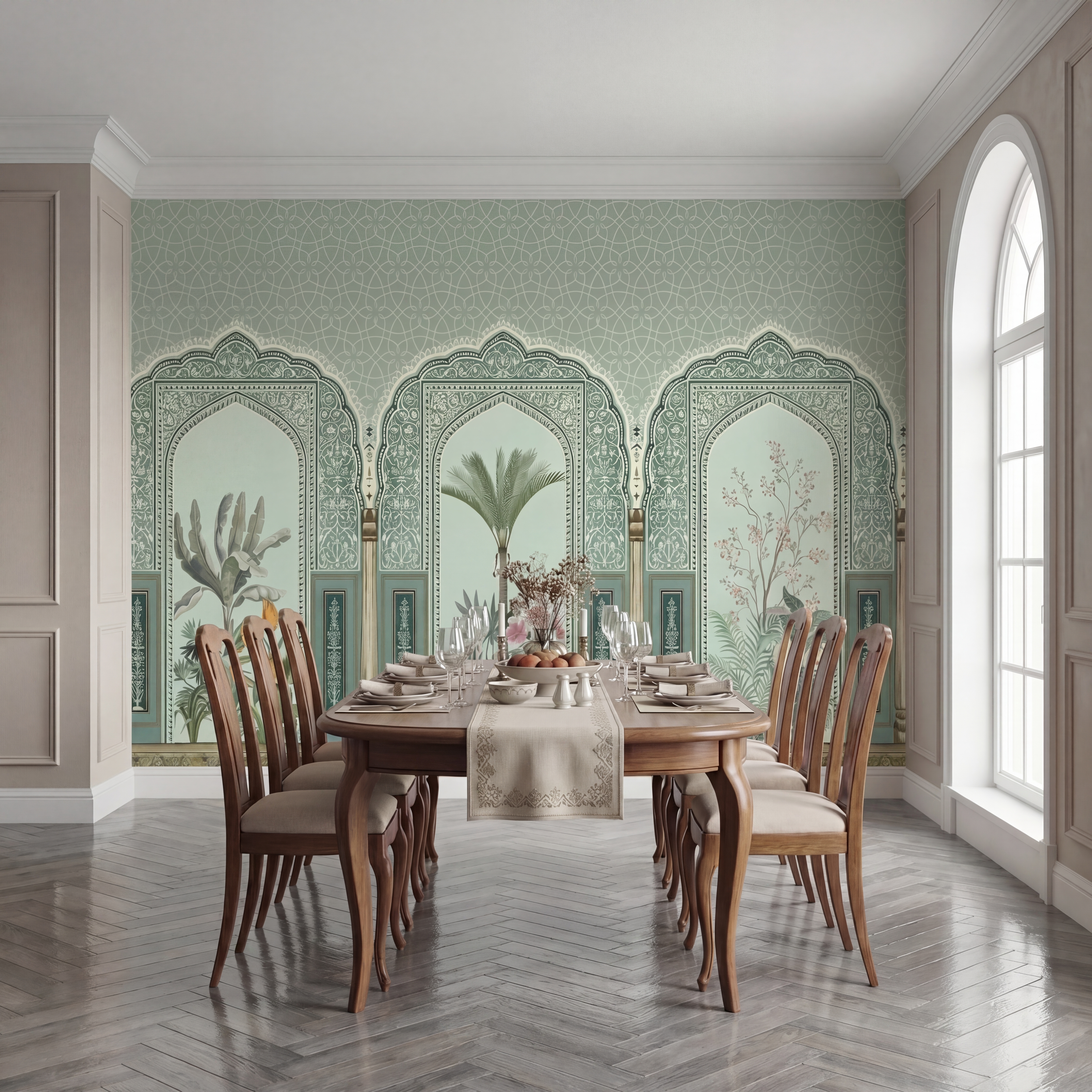 Traditional dining room with Indian patterned wallpaper and herringbone wooden flooring