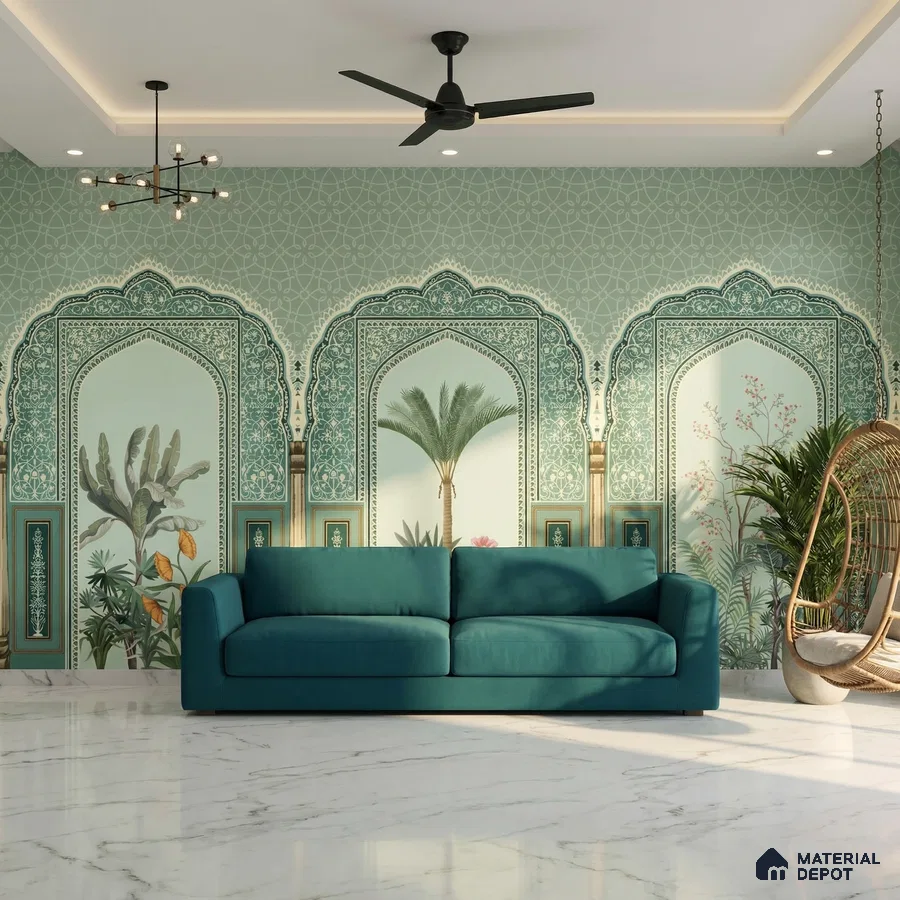 Art Deco living room with Indian arch patterned wallpaper and white marble floor tile