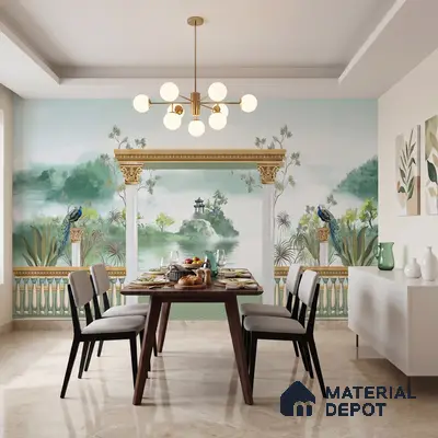 Art Deco dining room with chinoiserie wallpaper and beige marble floor tile