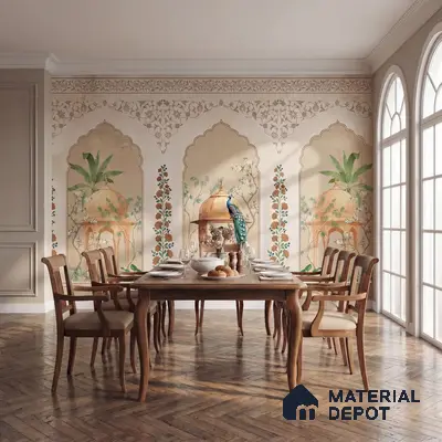 Traditional dining room with Indian mural wallpaper and herringbone wood flooring