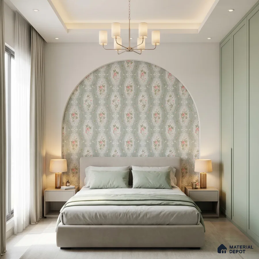 Scandinavian bedroom with pastel green wardrobe, floral patterned wallpaper, and upholstered bed