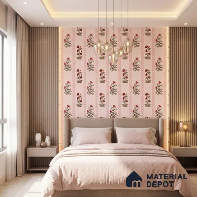 Modern bedroom with floral wallpaper, beige fluted wall panels, and soft pastel bedding