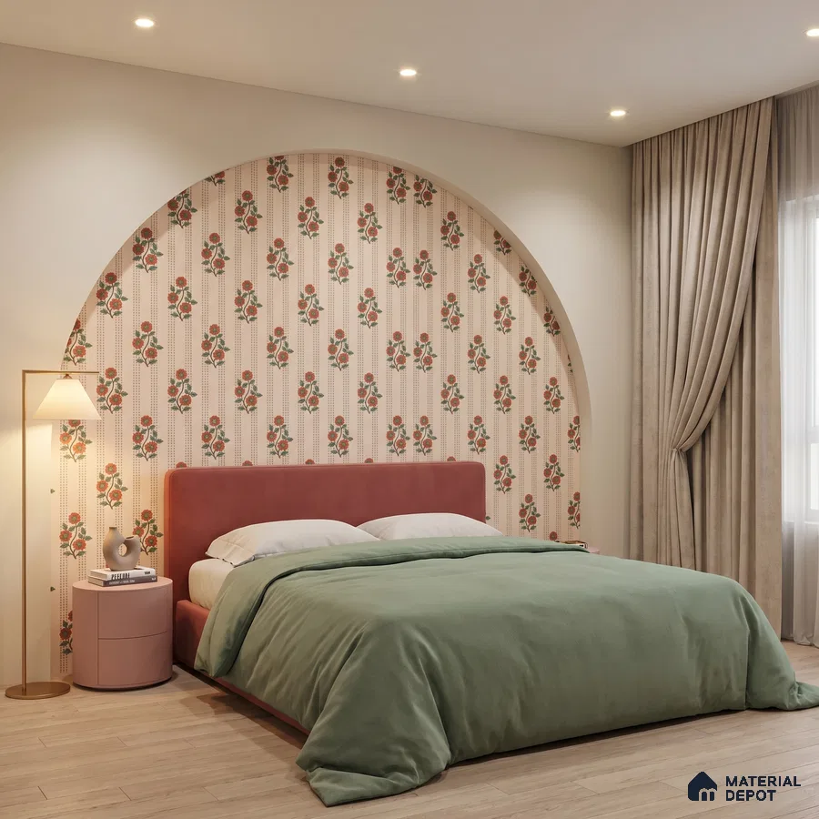 Modern bedroom with floral wallpaper accent, blush suede upholstered bed, and light wood flooring
