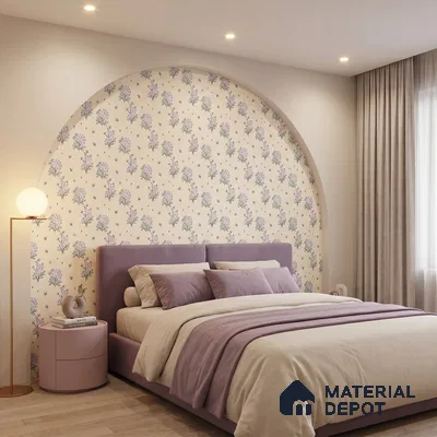 Modern bedroom with pastel floral wallpaper accent and mauve upholstered bed