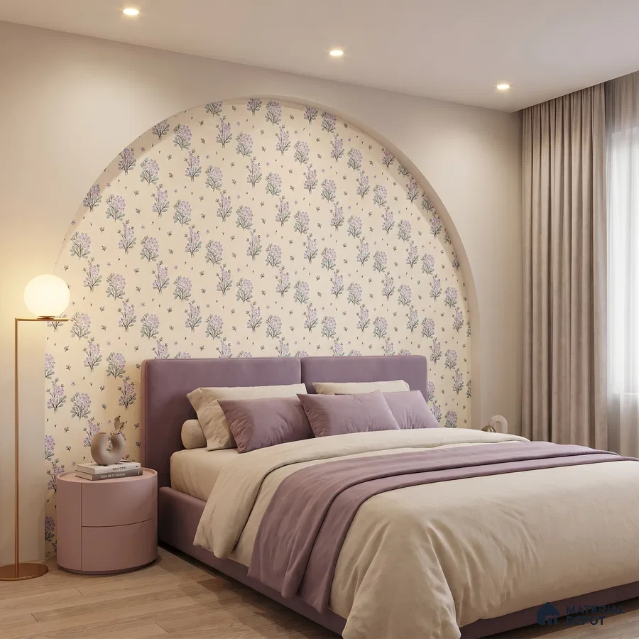 Modern bedroom with pastel floral wallpaper accent and mauve upholstered bed