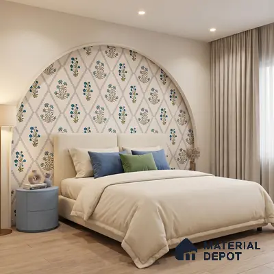 Scandinavian bedroom with floral patterned wallpaper and light wood flooring