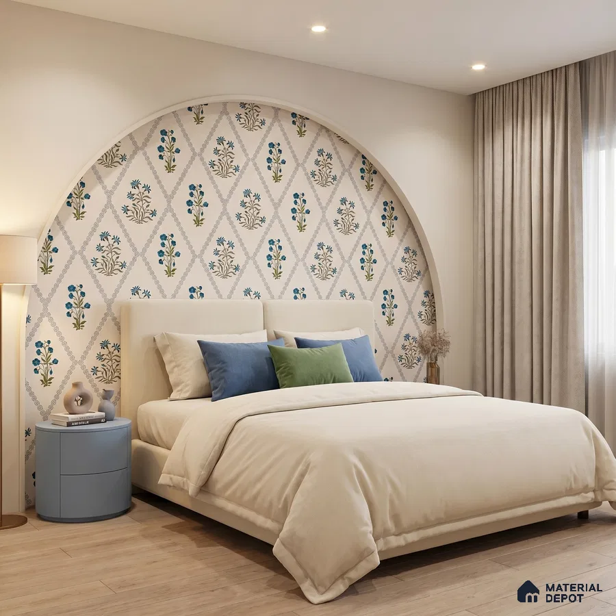 Scandinavian bedroom with floral patterned wallpaper and light wood flooring
