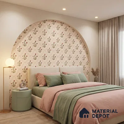 Scandinavian bedroom with floral patterned wallpaper and pastel upholstery
