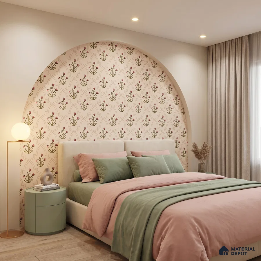 Scandinavian bedroom with floral patterned wallpaper and pastel upholstery