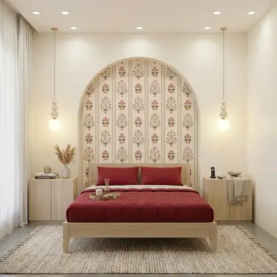 Scandinavian bedroom with floral wallpaper accent, light oak laminate furniture, and neutral palette