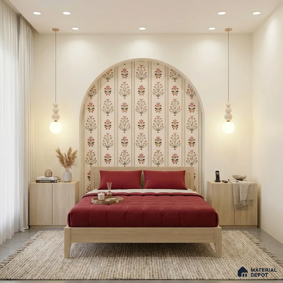 Scandinavian bedroom with floral wallpaper accent, light oak laminate furniture, and neutral palette