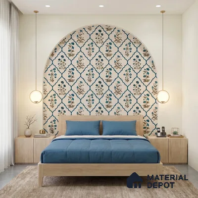 Scandinavian bedroom with floral patterned wallpaper and light oak wood bed