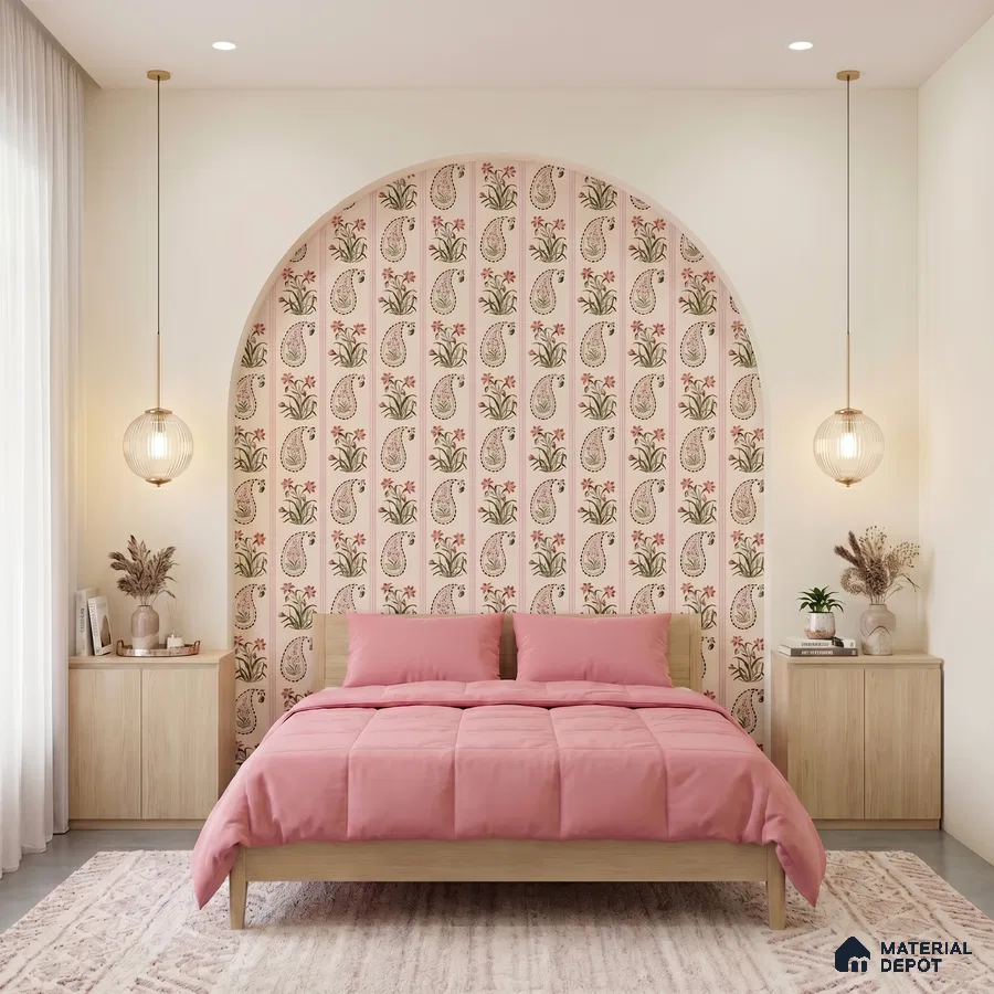 Scandinavian bedroom with paisley floral wallpaper, light wood bed, and blush pink bedding