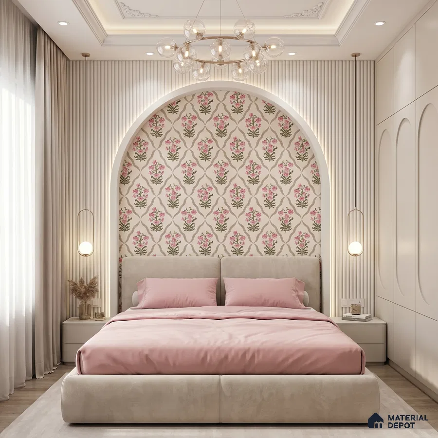 Modern bedroom with floral wallpaper, suede upholstered bed, and ivory fluted wall panels