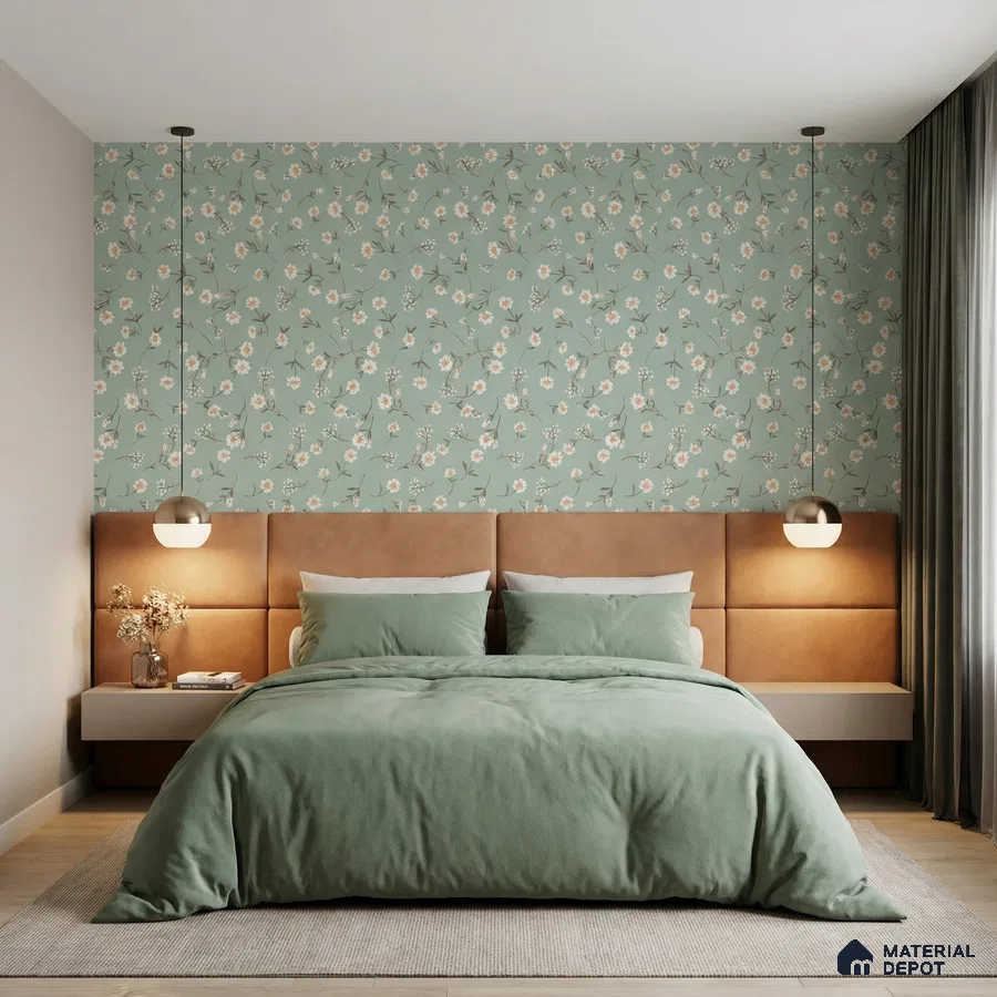 Modern bedroom with sage green floral wallpaper and tan suede upholstered headboard